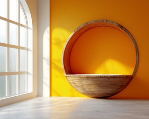 Aufkleber - Sunlit room with wooden circular shelf against orange wall.