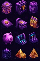 Poster - Vibrant Collection of Purple Money Icons on a Black Background