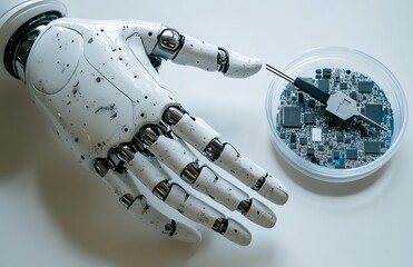 Poster - Robotic hand inspecting a circuit board in a petri dish.