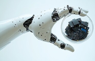 Poster - Robotic arm holding a glass sphere filled with circuit boards.