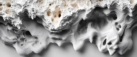 Poster - Abstract grayscale textured landscape with layered, flowing forms and porous upper section.