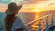 © Hovhannes - Luxury cruise ship travel elegant tourist woman watching sunset on balcony deck of Europe mediterranean cruising destination. Summer vacation cruiseship sailing away on holiday.