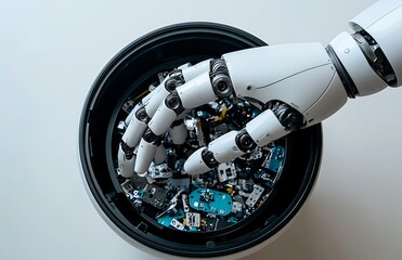 Poster - Robotic arm sorting through electronic components in a container.