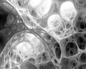 Poster - Abstract grayscale 3D rendering of a complex organic structure resembling a porous network or cavern.