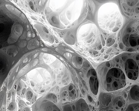 Abstract grayscale 3D rendering of a complex organic structure resembling a porous network or cavern.