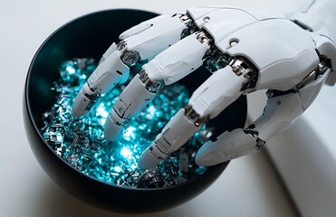 Poster - Robotic hand sorting glowing teal components in a black bowl.