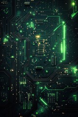Poster - Green illuminated circuit board with microchips and glowing electronic connections