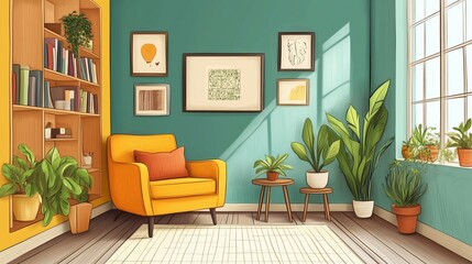 Wall Mural - Room interior sketch. Hand drawn shair and furniture. Pictures