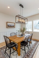 Wall Mural - Modern dining room featuring a wooden table, molded chairs, and stylish lighting over a cozy setting