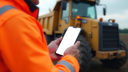 Construction worker using smartphone with blank screen in front of dump truck