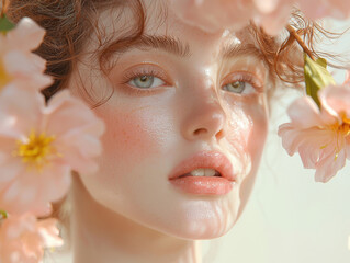 Wall Mural - A portrait of a woman surrounded by soft golden blossoms, bathed in warm light.