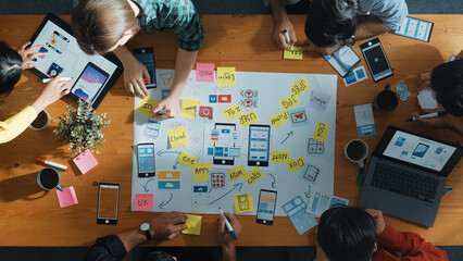 Fototapete - Top view of developer team sharing idea of Ux Ui design by using mind map. Top down view of group of business people working together to brainstorm or plan mobile phone interface app. Convocation.