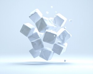 Poster - Abstract 3D rendering of white cubes floating.