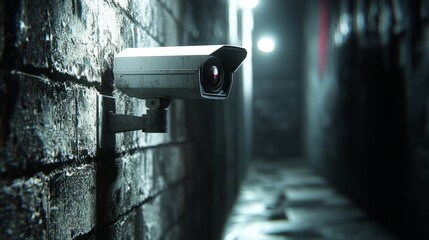 A 3D rendering of a white video camera in a dark alley, its light creating dramatic shadows on the walls 