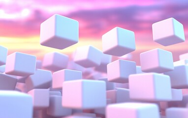 Poster - Pastel cubes floating, scattered against a sunset sky.