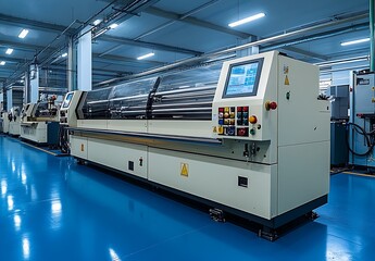 Poster - Industrial factory interior with modern automated machinery and blue epoxy floor.