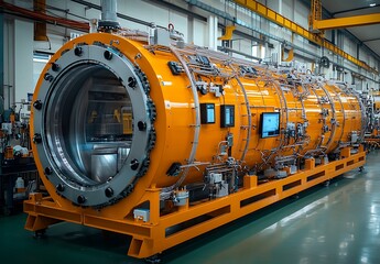 Poster - Large industrial cylindrical machine with a circular opening, numerous pipes, and digital screens, situated in a factory setting.