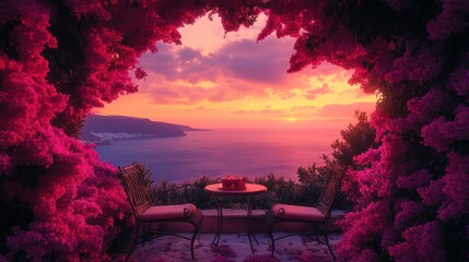 Wall Mural - the terrace overlooking Santorini, Greece at sunset, with pink bougainvillea flowers and two chairs around an outdoor table. The sea is visible in the background. 