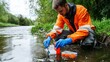 © LorelEino - An environmental engineer conducting water quality tests by a river, with testing kits and natural scenery in the background, Field testing scene