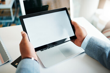 Poster - Business person, hands and mockup with tablet screen for research, app or UX at office. Closeup, employee or user browsing with technology display or space for network, connection or app at workplace