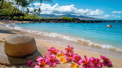 Wall Mural - Beautiful beach with blue water and pink plumeria flowers lying on the sand, a straw hat in the foreground, on a sunny day. 