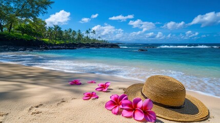 Wall Mural - Beautiful beach with blue water and pink plumeria flowers lying on the sand, a straw hat in the foreground, on a sunny day. 