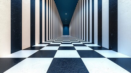 Poster - Abstract black and white striped hallway with checkered floor.