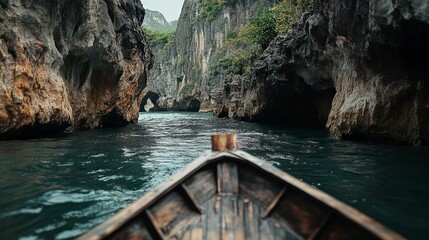 Wall Mural - The view from the bow of a long-tail boat, showcases the tropical greenery and rocky cliffs, offering an adventurous travel experience. 