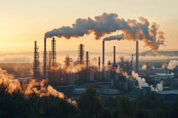 Industrial landscape with smokestacks releasing steam and smoke at sunset, showcasing surreal atmosphere of pollution and energy production