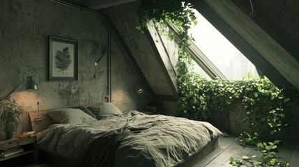 Wall Mural - Serene Attic Bedroom Overgrown With Lush Greenery