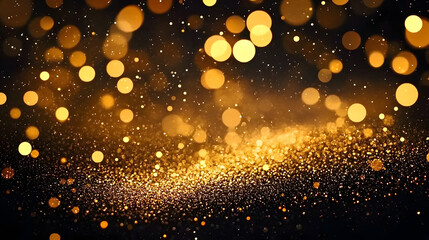 Poster - Golden dust shimmering bokeh. Glowing gold glitter particles abstract background, warn festive overlay