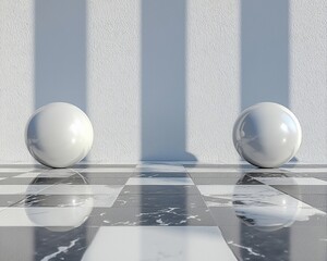 Poster - Two white spheres on a checkered marble floor.