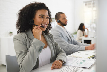 Poster - advisor, headset or woman in call center for consulting client, online help or business loan advice.