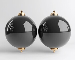 Poster - Two glossy black spheres with gold accents on a white background.