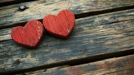 Two weathered wooden hearts sit on a rustic surface, offering a charming and natural representation of love and connection in a simple yet impactful manner.