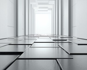 Poster - Abstract white hallway with reflective floor.