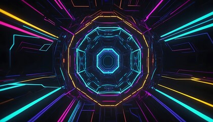 Fototapete - Neon Geometric Tunnel: Vibrant Cyberpunk Art
