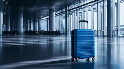 Canvas Print - Blue travel suitcase on wheels at the airport, with a panoramic background. Travel luggage in an empty hall with copy space for your text and advertising banner. 