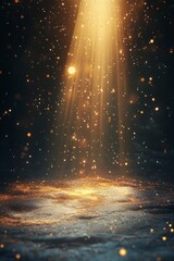 Canvas Print - A golden light shines down from the sky, illuminating an array of tiny glowing particles scattered across space and time. The background is dark with bokeh lights creating a magical atmosphere. 