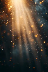 Canvas Print - A golden light shines down from the sky, illuminating an array of tiny glowing particles scattered across space and time. The background is dark with bokeh lights creating a magical atmosphere. 