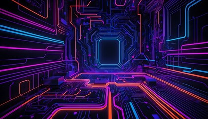Fototapete - Neon Circuitry: A Vibrant, Abstract Digital Landscape