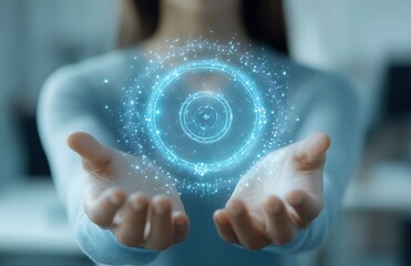 Aufkleber - Woman's hands gently cradling a glowing, circular, technological orb.