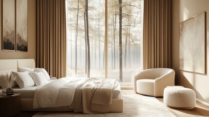 Wall Mural - Serene Bedroom Design Featuring a Forest View