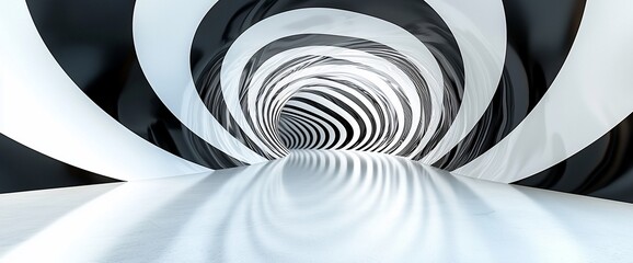 Aufkleber - Abstract spiral tunnel, black and white, modern architecture, futuristic design, interior.