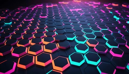Poster - Neon Hexagon Grid: A Vibrant Abstract Digital Artwork