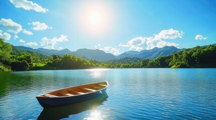  Serene Lake Boat Mountain Landscape Sunny Day