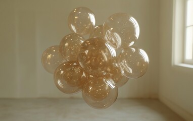 Poster - Cluster of translucent amber spheres in a room.