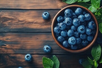 Wall Mural - Close up of a bowl of fresh delicious blueberries on a wooden table room for text