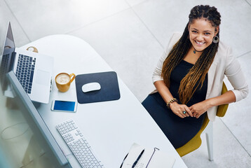 Aufkleber - Top view, creative and portrait of business woman by computer for content writing. Smile, pride and person working at desk for project, article and story for blog on social media platform in Brazil