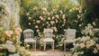 © Chotijah - Three white chairs sit amidst a blooming rose garden